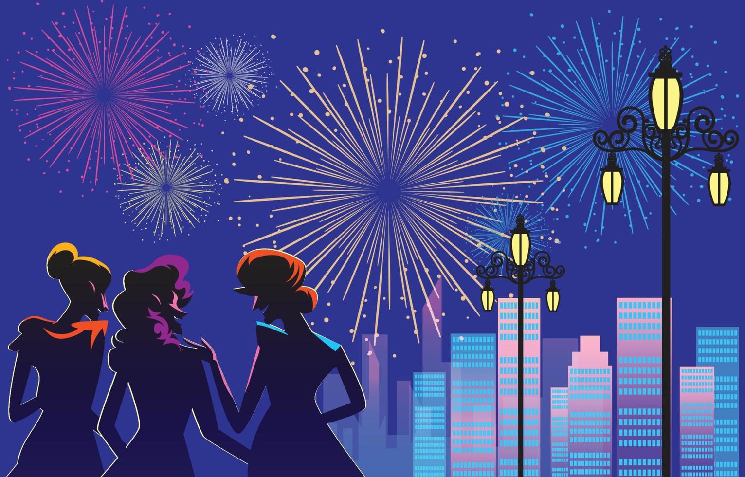 Three Women and Fireworks Party vector