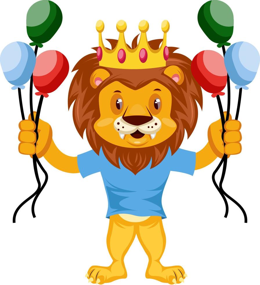 Lion with balloons, illustration, vector on white background.