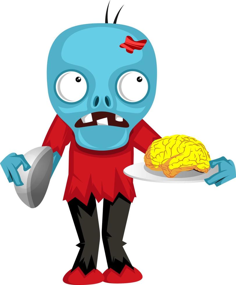 Zombie con cerebro, ilustración, vector sobre fondo blanco.