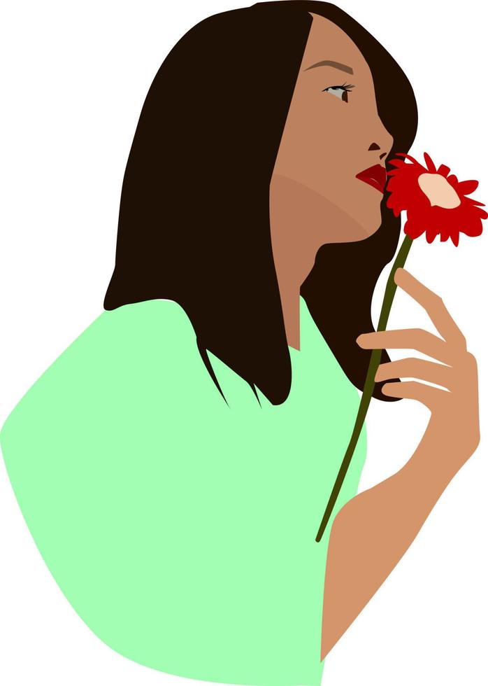 Niña china con flor, ilustración, vector sobre fondo blanco.