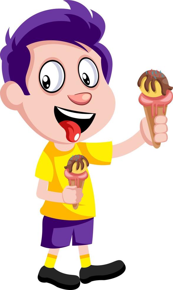 niño con helado, ilustración, vector sobre fondo blanco.