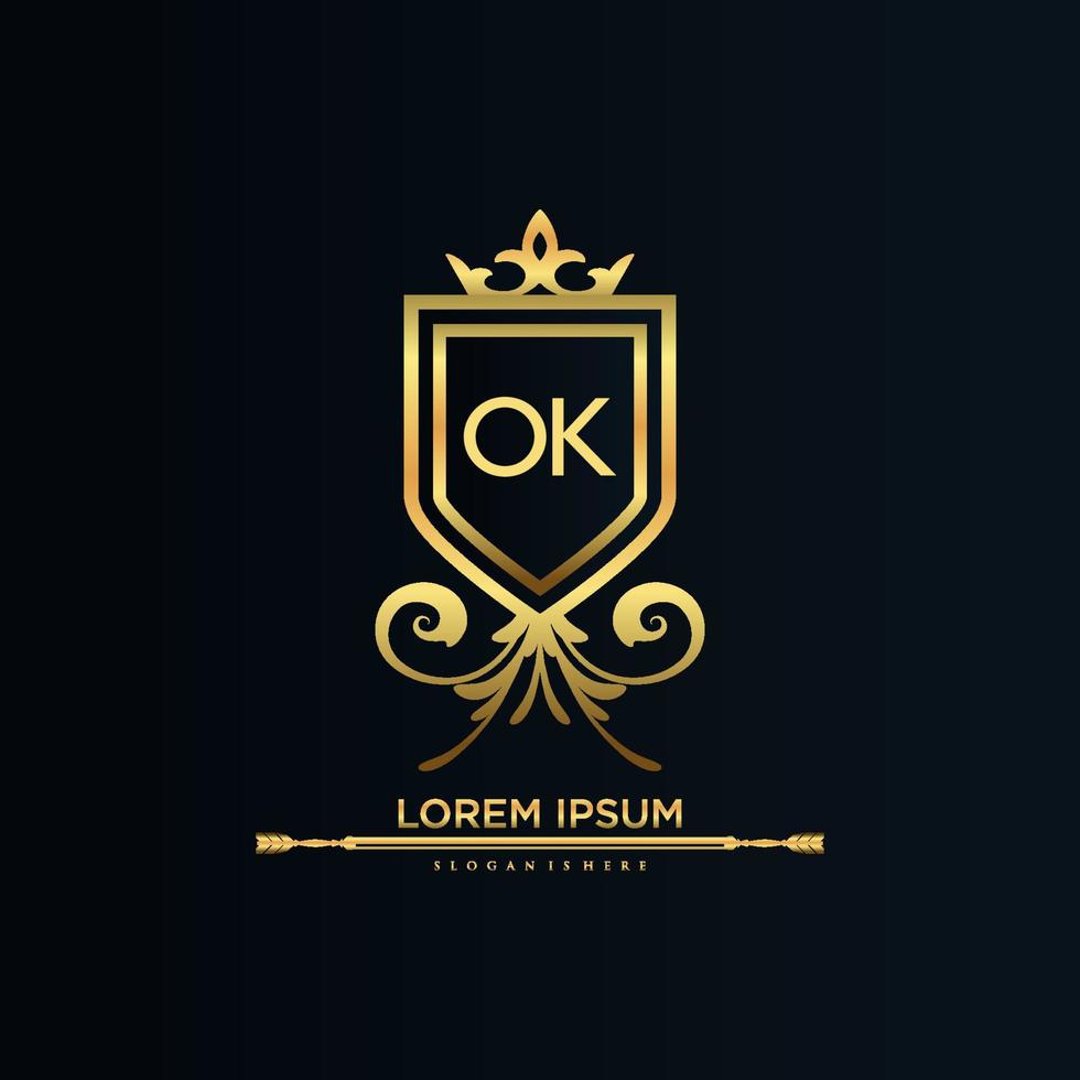 OK Letter Initial with Royal Template.elegant with crown logo vector, Creative Lettering Logo Vector Illustration.