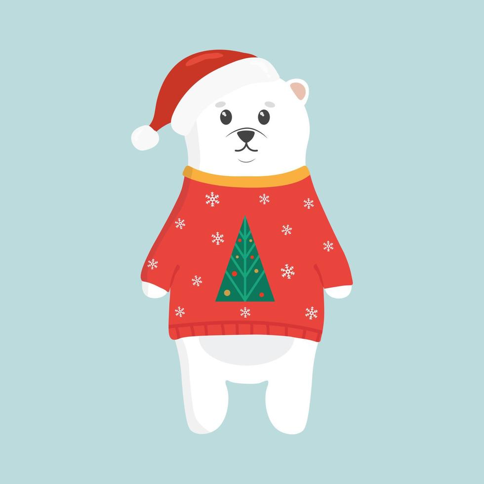 lindo oso polar con suéter rojo y sombrero. oso blanco sobre un fondo azul. concepto de navidad. perfecto para tarjetas de navidad y año nuevo. ilustración vectorial vector