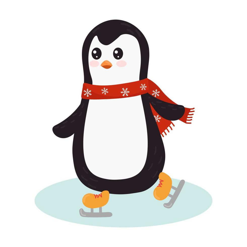 Penguin in a scarf skates on ice. Cute penguin skater. Childish vector character. Vector illustration. Perfect for Christmas cards and decorative design.
