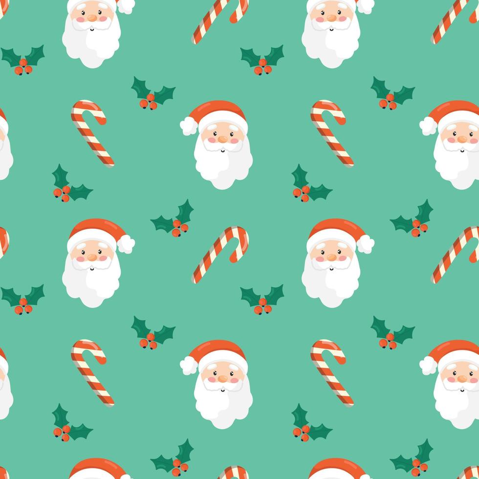 Seamless christmas pattern. Background with with santa claus head, mistletoe and candies . Perfect for wrapping paper, greeting cards, textile print. vector