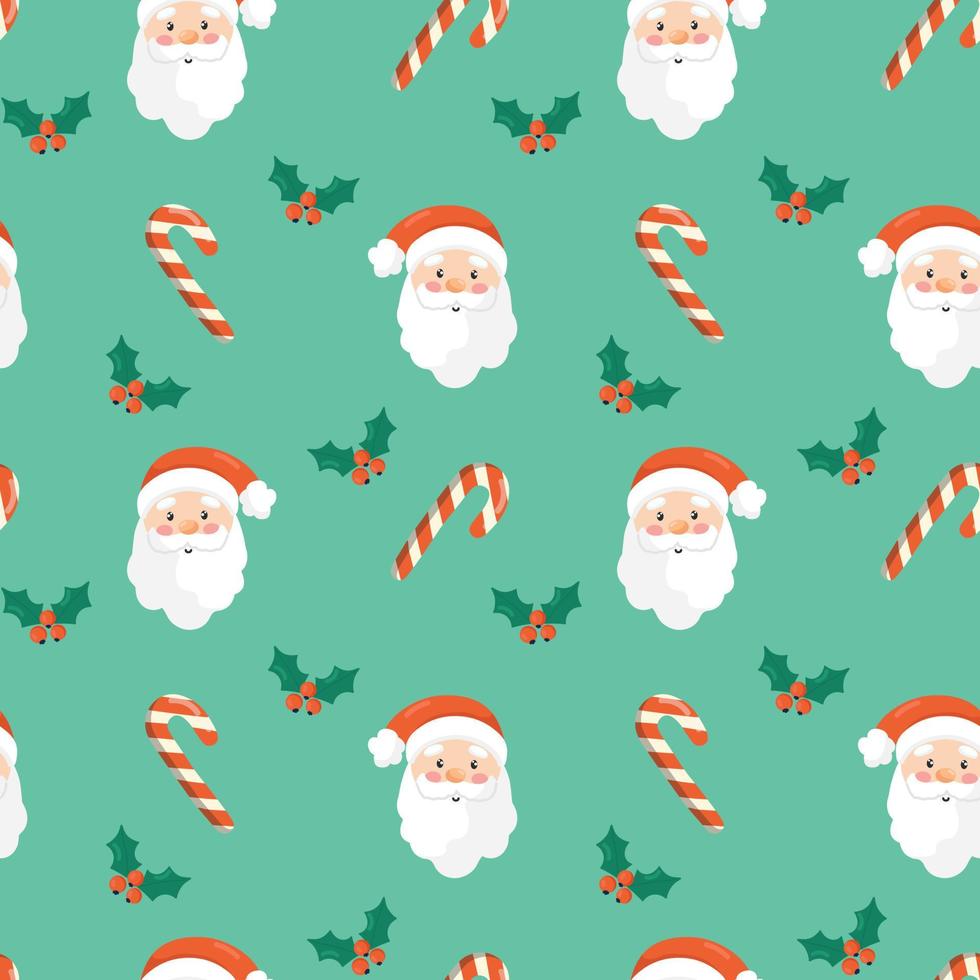 Seamless christmas pattern. Background with with santa claus head, mistletoe and candies . Perfect for wrapping paper, greeting cards, textile print. vector