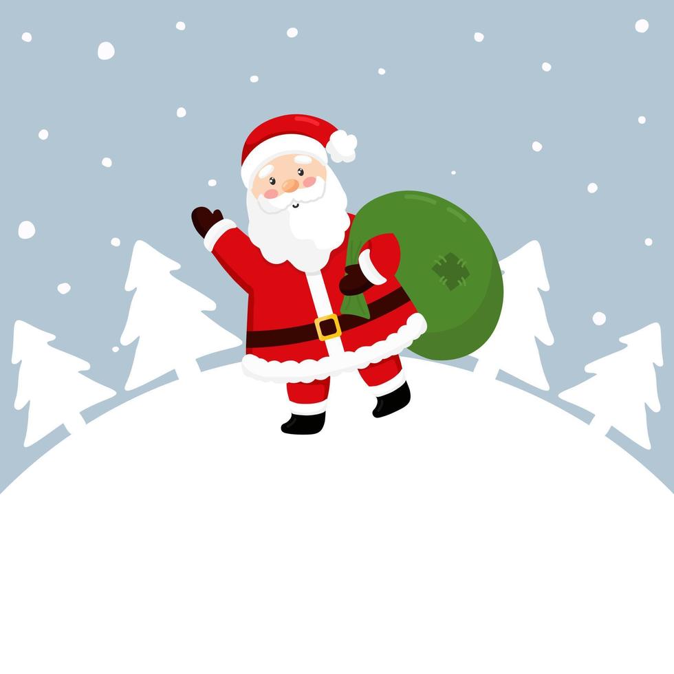 Vector illustration of cute Santa Claus isolated on blue background. Santa Claus carries a bag of gifts. Merry Christmas and Happy Holidays greeting card, banner. Winter holiday.