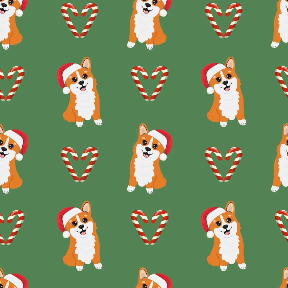 Seamless pattern with corgis in Santa Claus hat and caramels. Background for wrapping paper, greeting cards and seasonal designs. Merry Christmas and Happy new year. vector