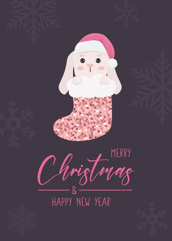 Christmas card with Christmas bunny in sock. Greeting text Merry Christmas and Happy New Year. Beautiful illustration for greeting cards, posters and  seasonal design. vector