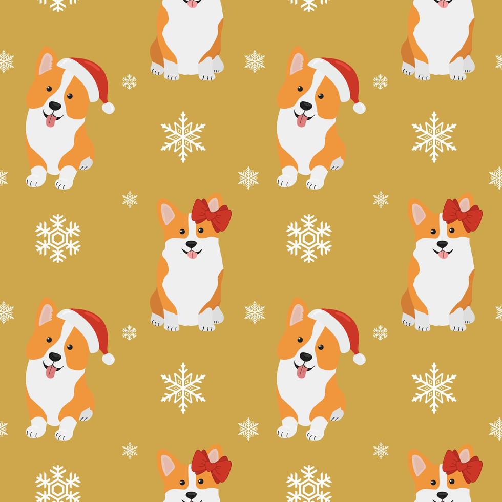Seamless patten with  corgis in Santa Claus hat and snowflakes. Background for wrapping paper,  greeting cards and seasonal designs. Merry Christmas and Happy new year vector
