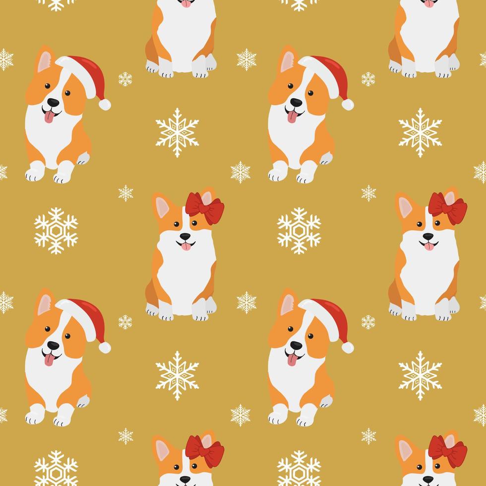 Seamless patten with  corgis in Santa Claus hat and snowflakes. Background for wrapping paper,  greeting cards and seasonal designs. Merry Christmas and Happy new year vector