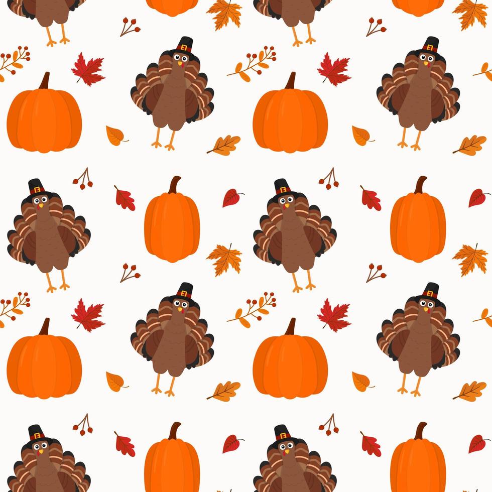 Seamless vector pattern with turkey and pumpkins. Texture for fabric, wallpaper, apparel, wrapping. Happy Thanksgiving.