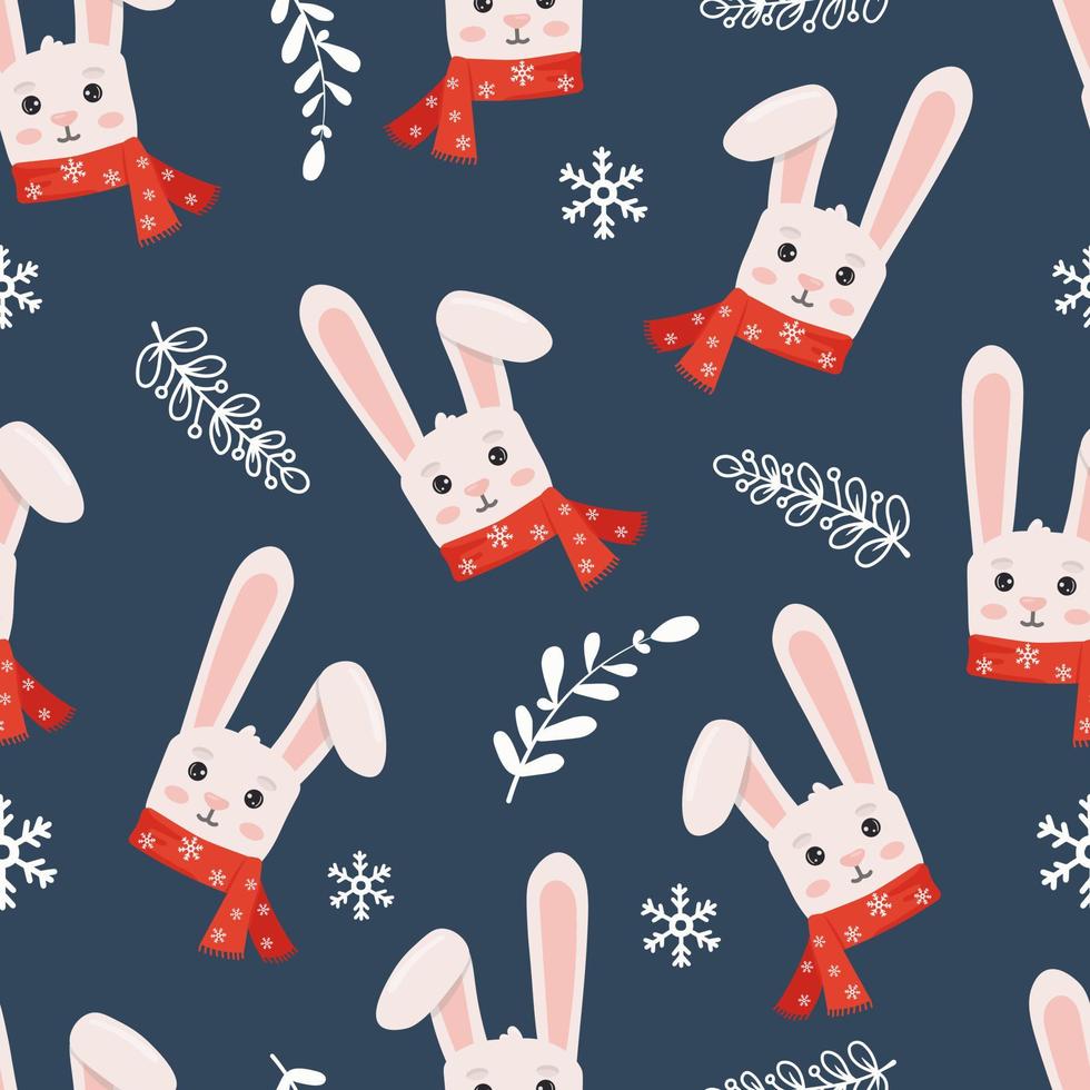Winter seamless pattern with bunny in scarf. Perfect for wrapping paper, greeting cards and seasonal design. vector