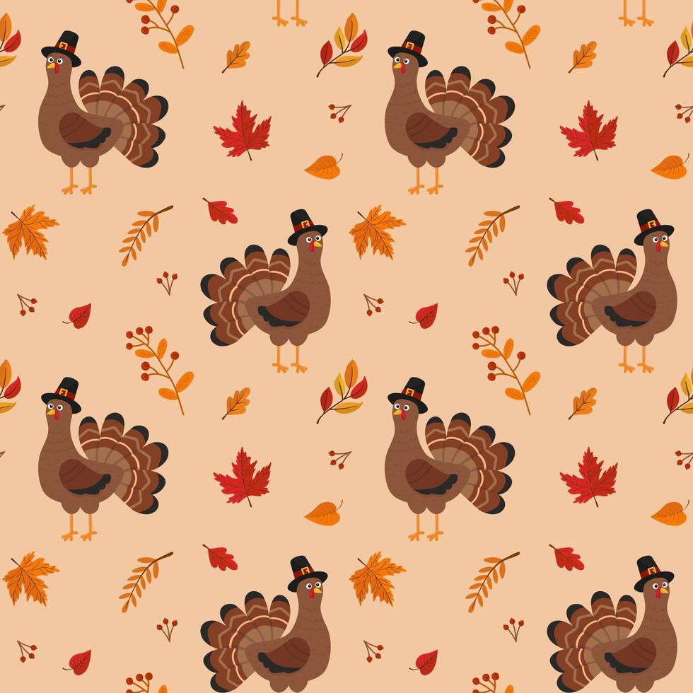 Seamless vector pattern with turkey and autumn leaves. Texture for fabric, wallpaper, apparel, wrapping. Happy Thanksgiving.