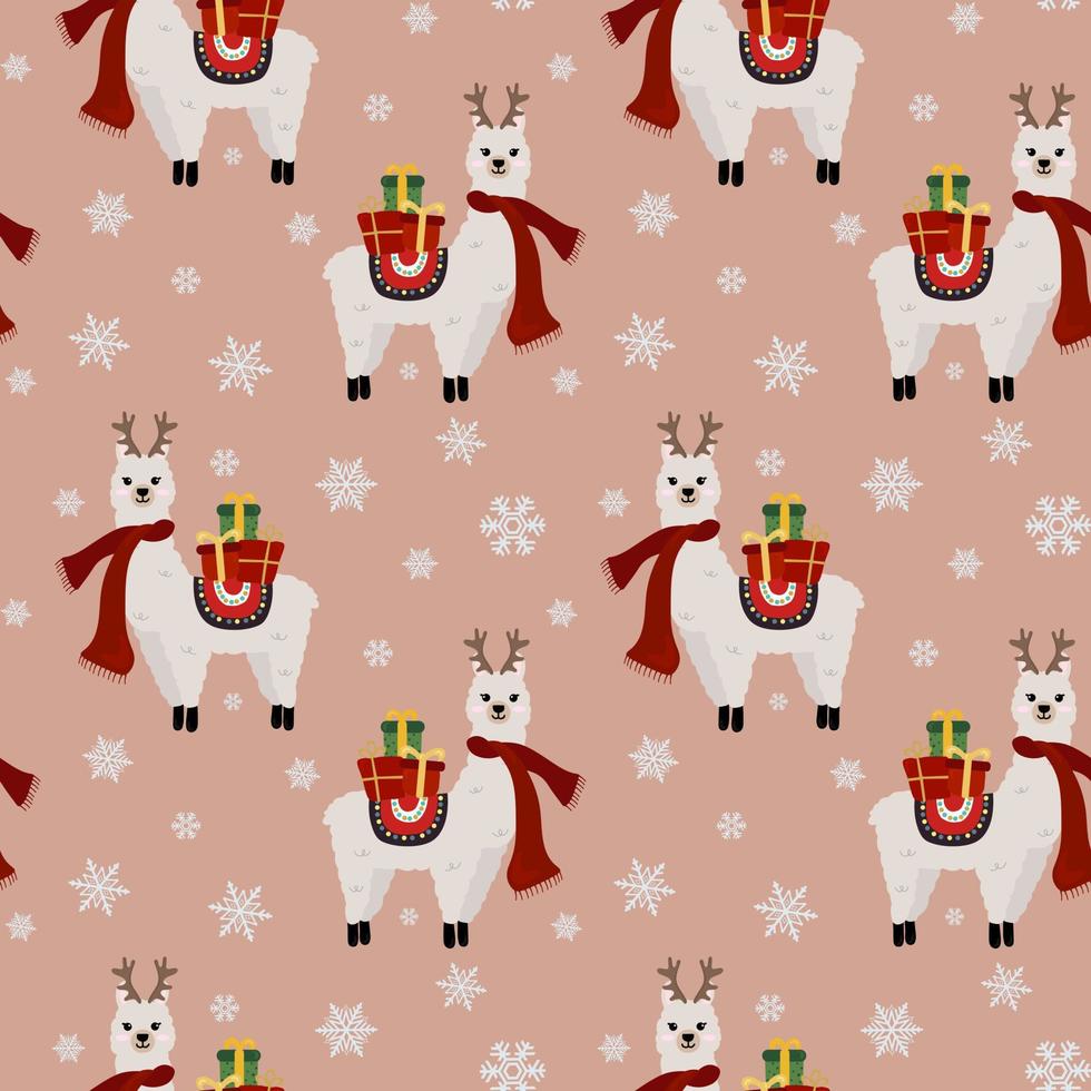 Winter seamless pattern with Christmas llamas,  snowflakes and gifts. Background for wrapping paper,  greeting cards and seasonal designs. vector