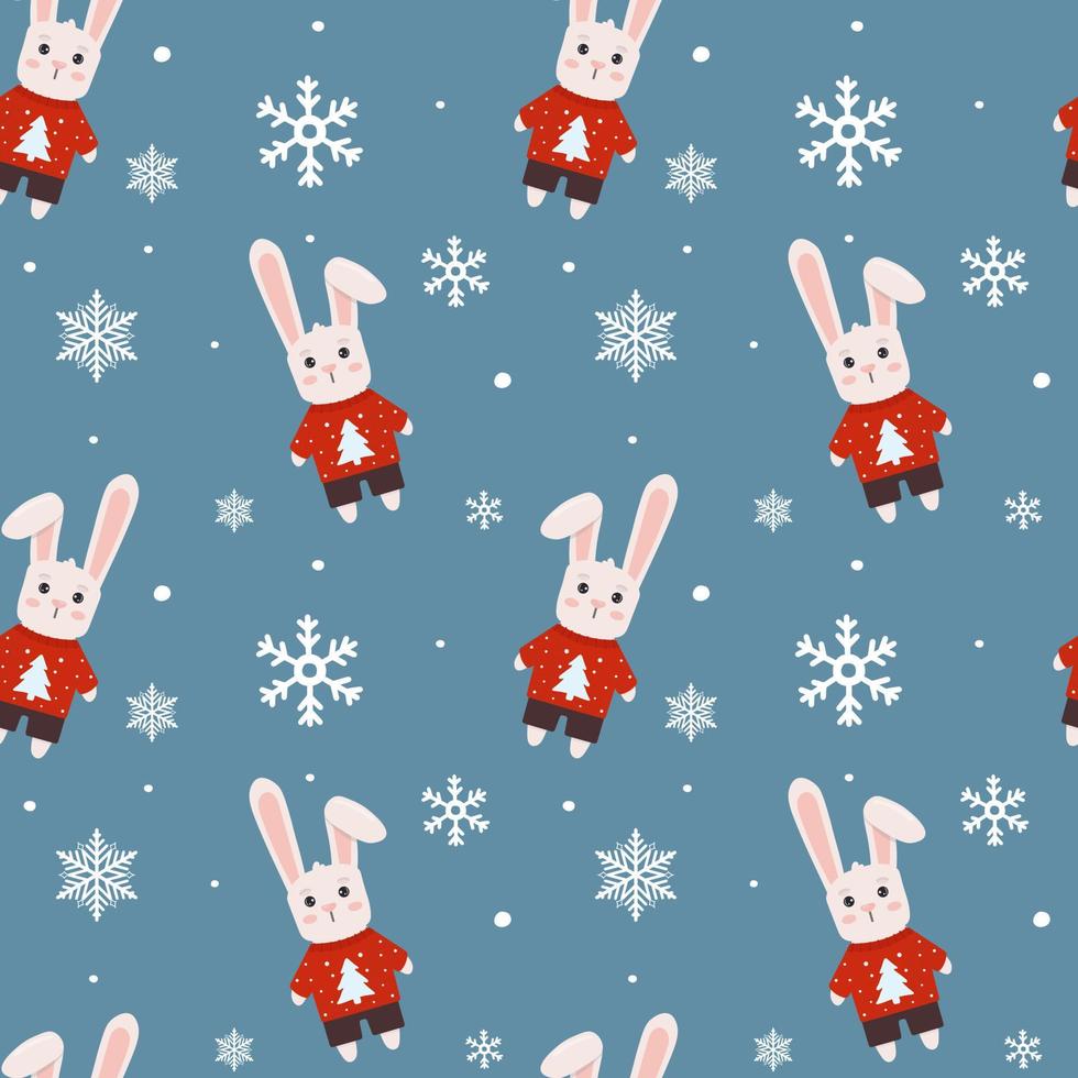 patrón sin costuras de invierno con conejito en suéter y copos de nieve. perfecto para envolver papel, tarjetas de felicitación y diseño de temporada. vector