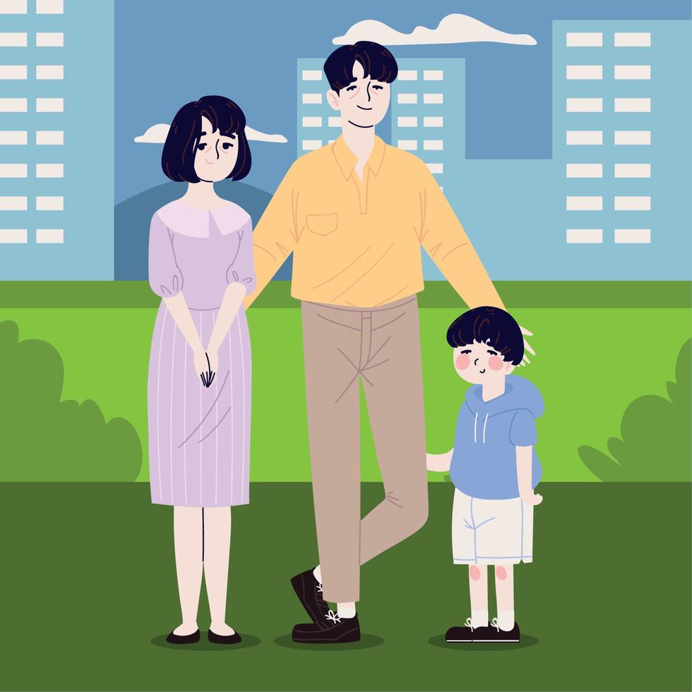 familia coreana en la ciudad vector