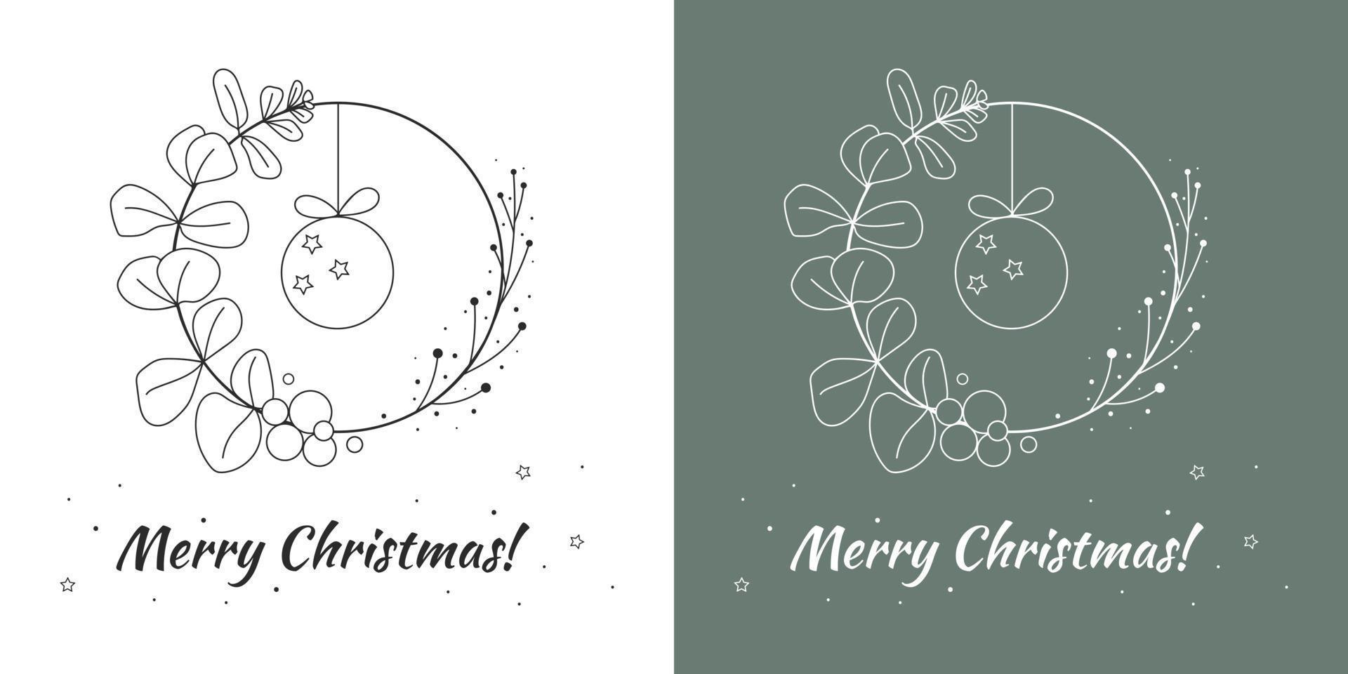 Minimalist hand drawn Christmas card Minimalist hand drawn Christmas card with wreath, eucalyptus and ball. Set of two color options vector