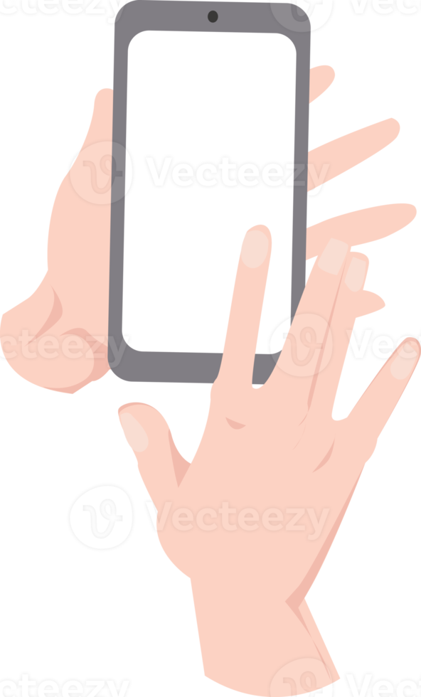 hand pose holding mobile phone portrait position and right hand touching a blank screen png