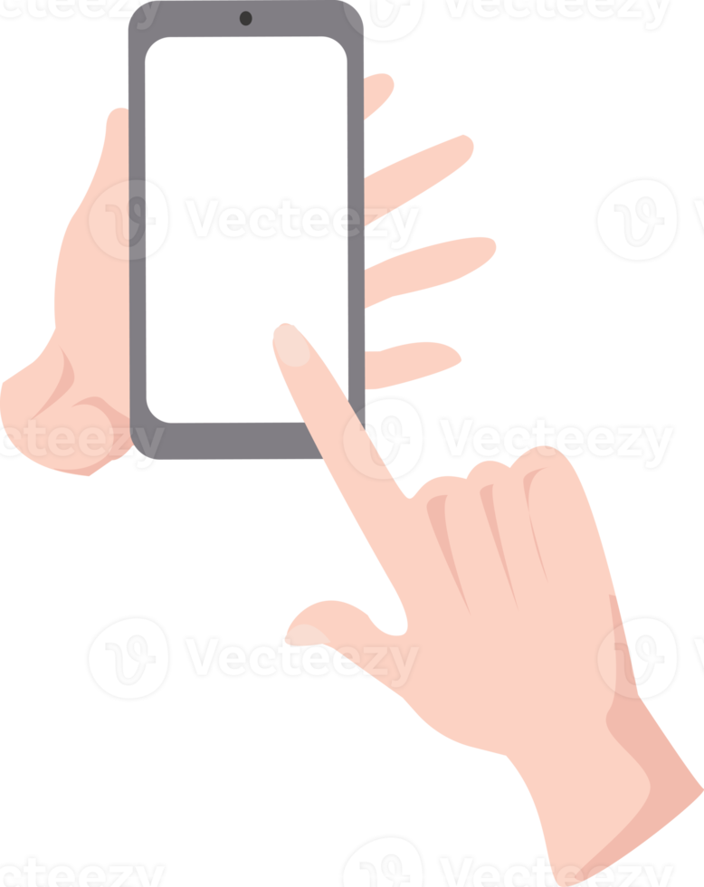 mão de modelo segurando a posição de retrato do telefone móvel e a mão direita tocando a tela vazia png
