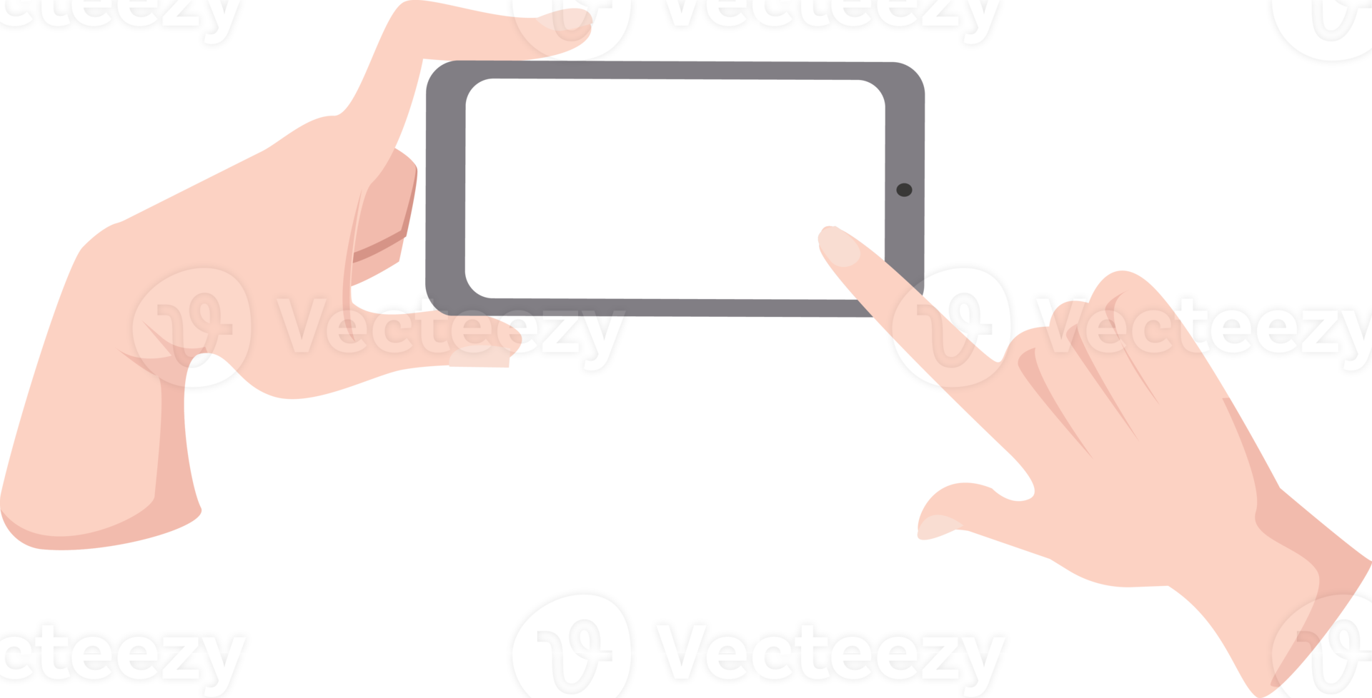 hand holding mobile phone landscape position and right hand touching a blank screen for mockup png