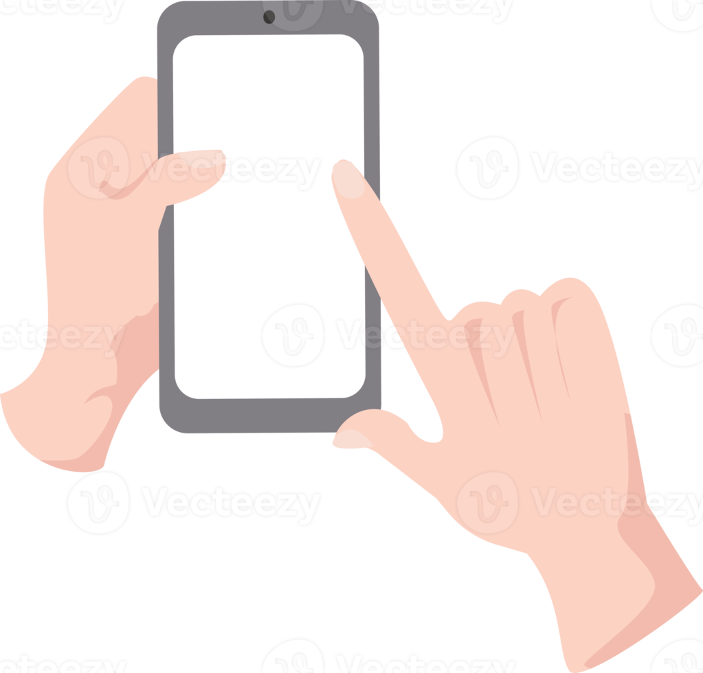 mano Tenere mobile Telefono ritratto posizione e giusto mano toccante un' vuoto schermo per modello png