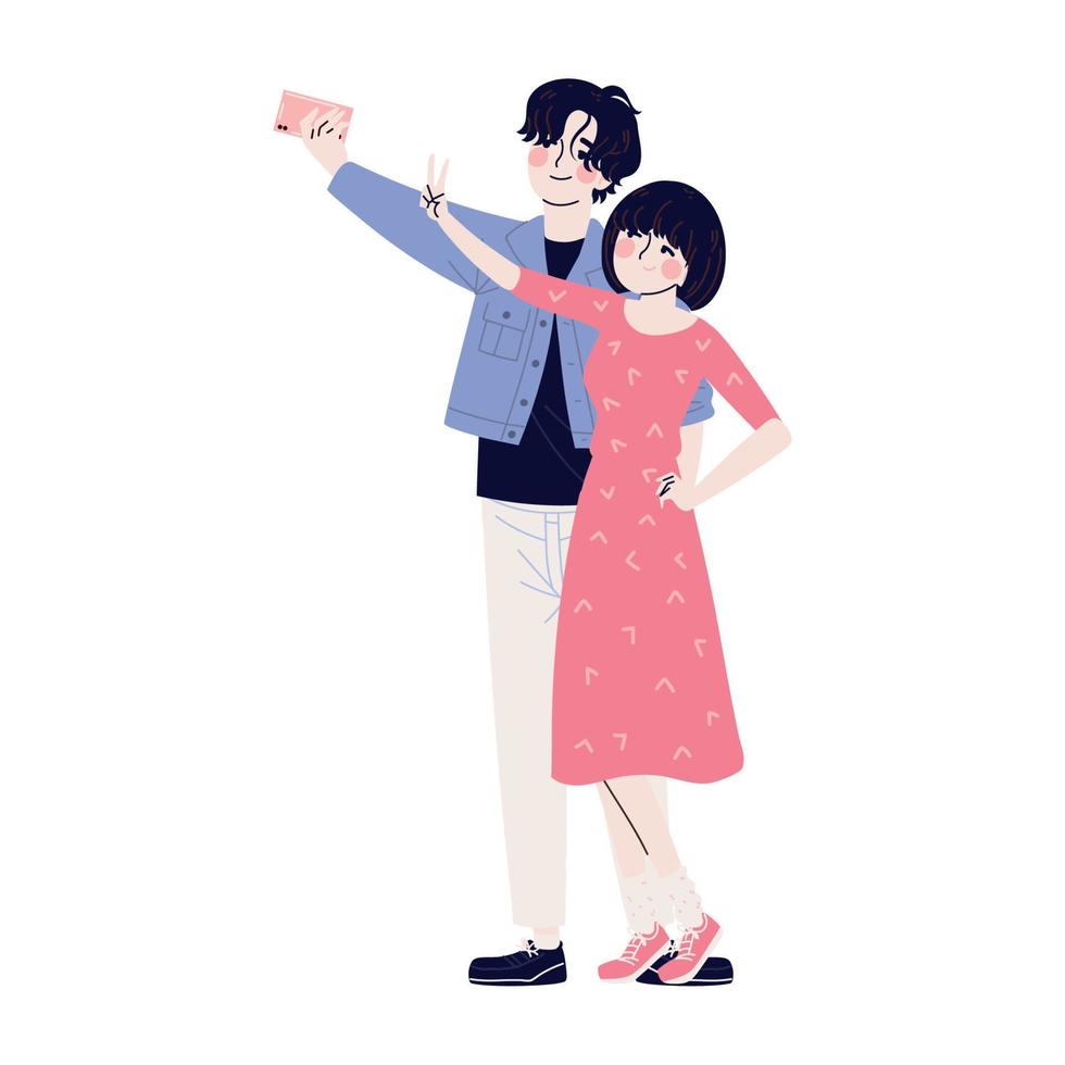 pareja coreana con smartphone vector