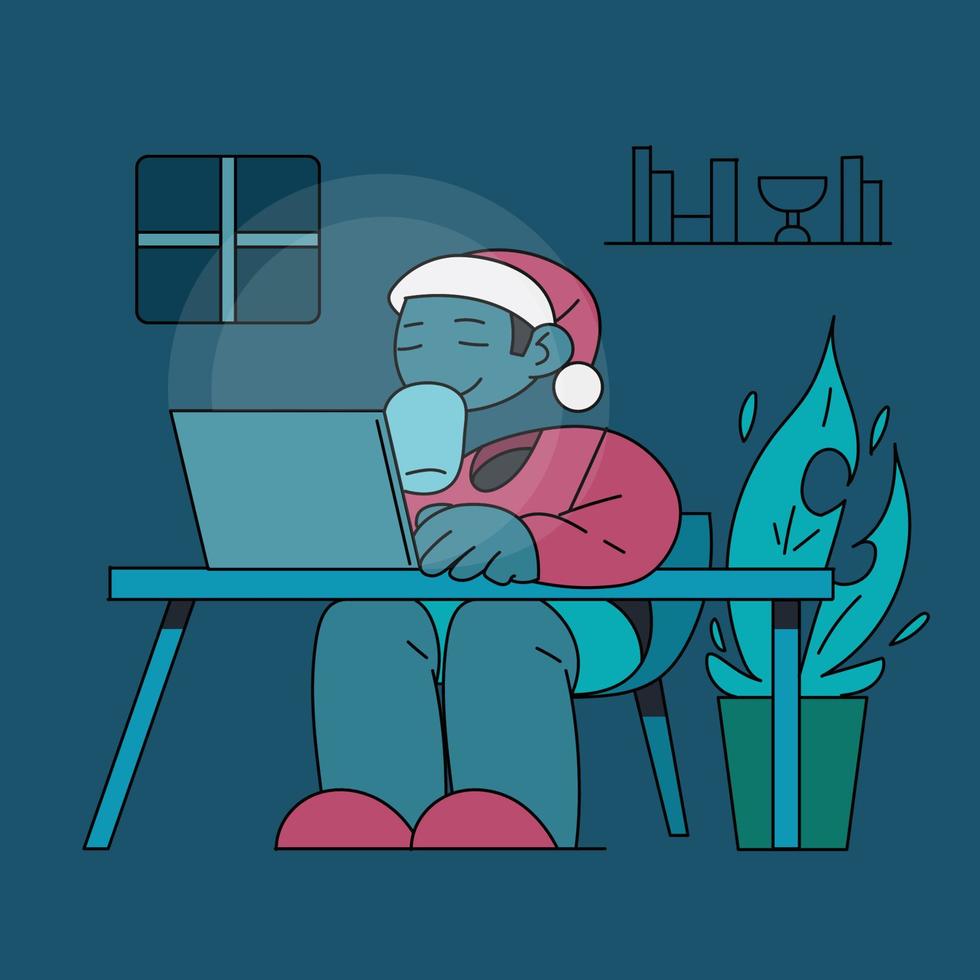 santa claus enjoying his work time on christmas eve in flat design vector