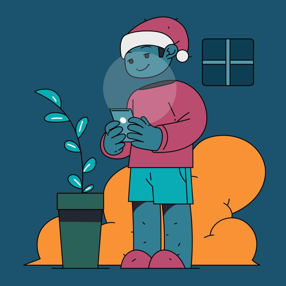 santa claus enjoying his work time on christmas eve in flat design vector