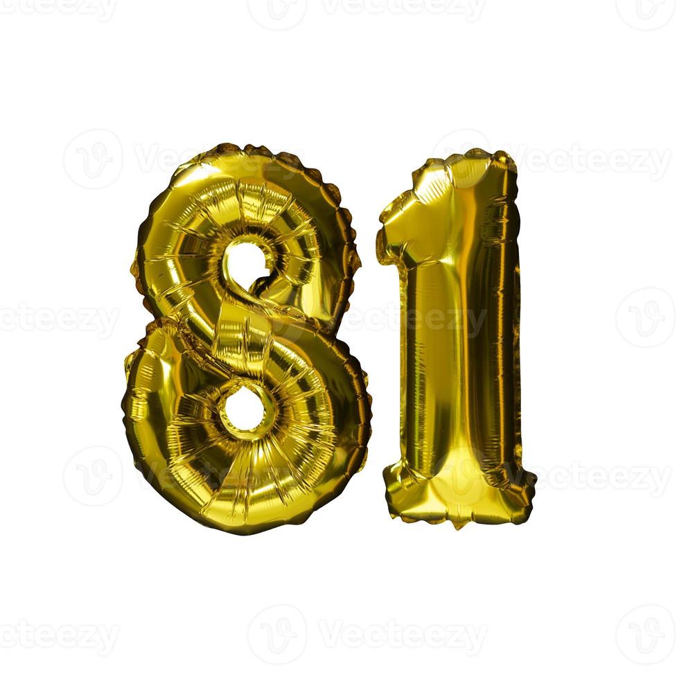 81 Golden number helium balloons isolated background. Realistic foil and latex balloons. design elements for party, event, birthday, anniversary and wedding. photo