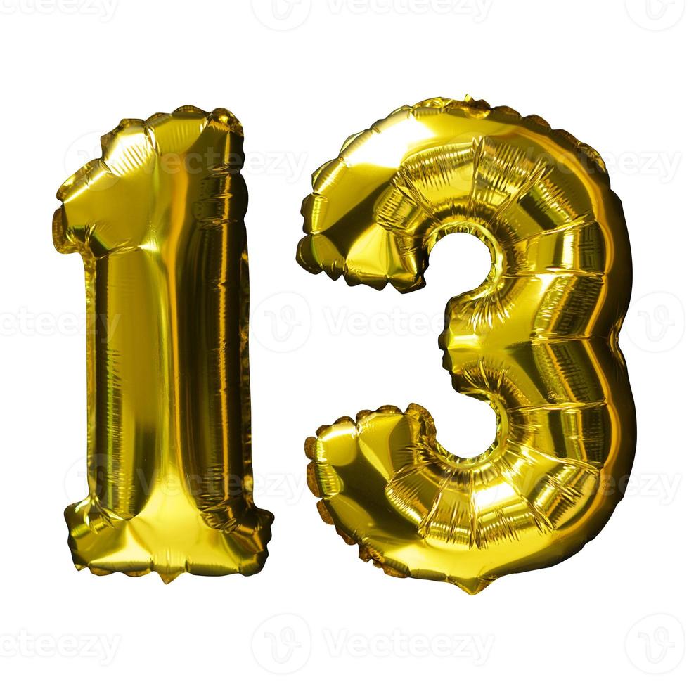 13 Golden number helium balloons isolated background. Realistic foil and latex balloons. design elements for party, event, birthday, anniversary and wedding. photo