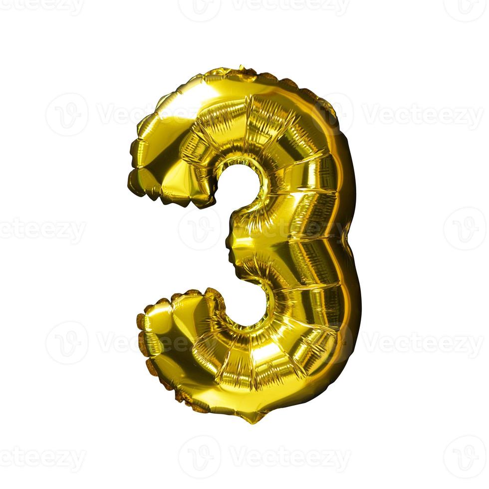 3 Golden number helium balloons isolated background. Realistic foil and latex balloons. design elements for party, event, birthday, anniversary and wedding. photo