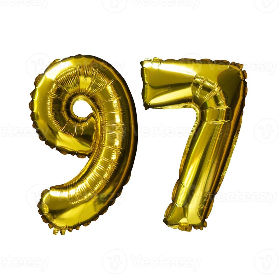 97 Golden number helium balloons isolated background. Realistic foil and latex balloons. design elements for party, event, birthday, anniversary and wedding. photo