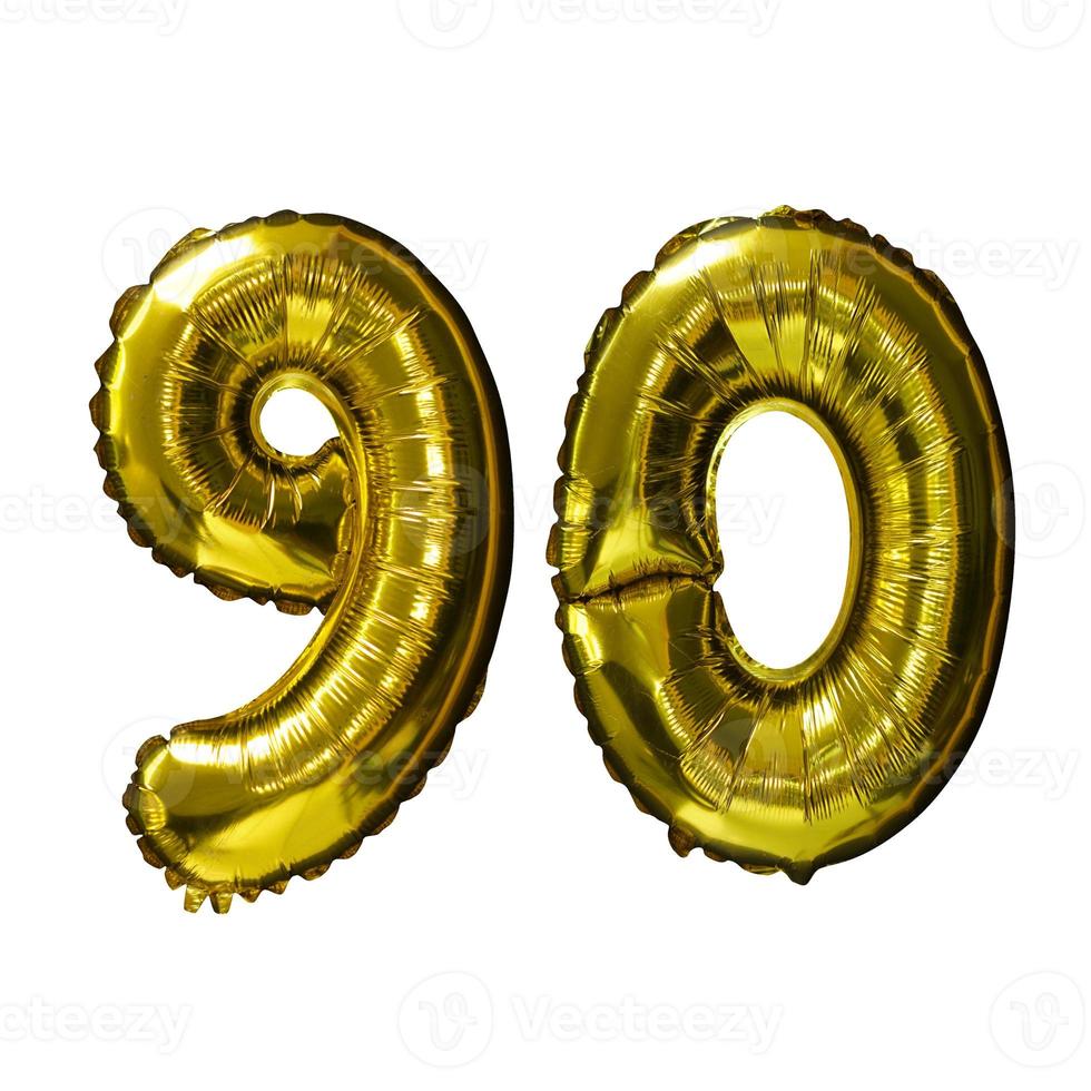90 Golden number helium balloons isolated background. Realistic foil and latex balloons. design elements for party, event, birthday, anniversary and wedding. photo
