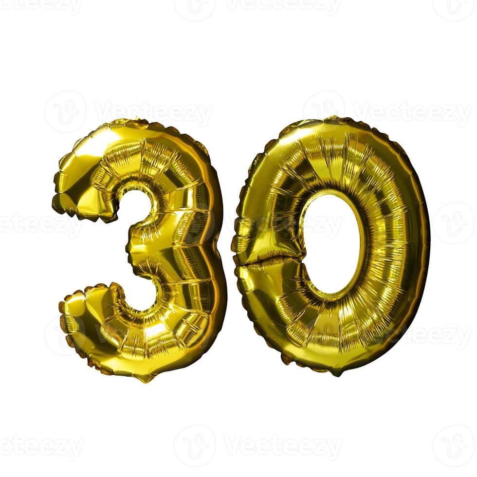 30 Golden number helium balloons isolated background. Realistic foil and latex balloons. design elements for party, event, birthday, anniversary and wedding. photo
