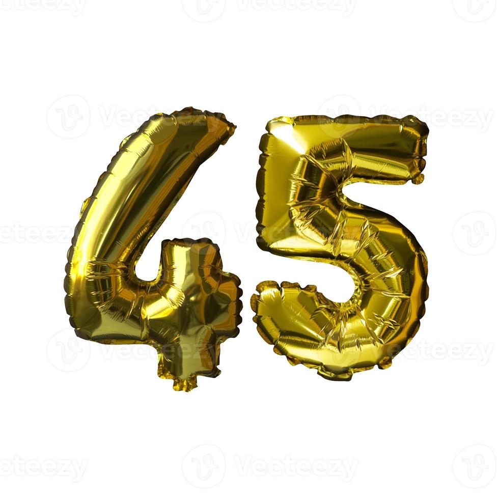 45 Golden number helium balloons isolated background. Realistic foil and latex balloons. design elements for party, event, birthday, anniversary and wedding. photo