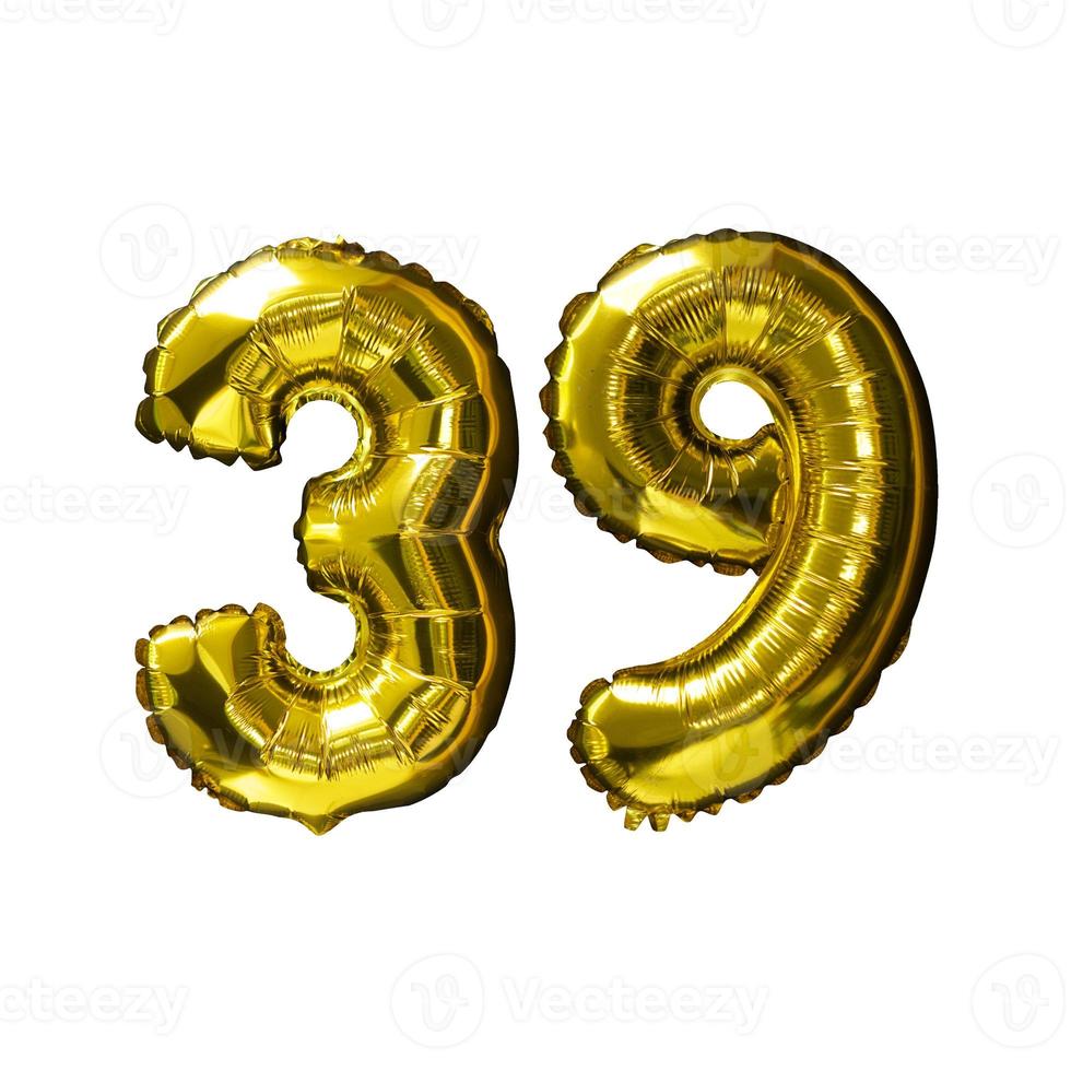 39 Golden number helium balloons isolated background. Realistic foil and latex balloons. design elements for party, event, birthday, anniversary and wedding. photo