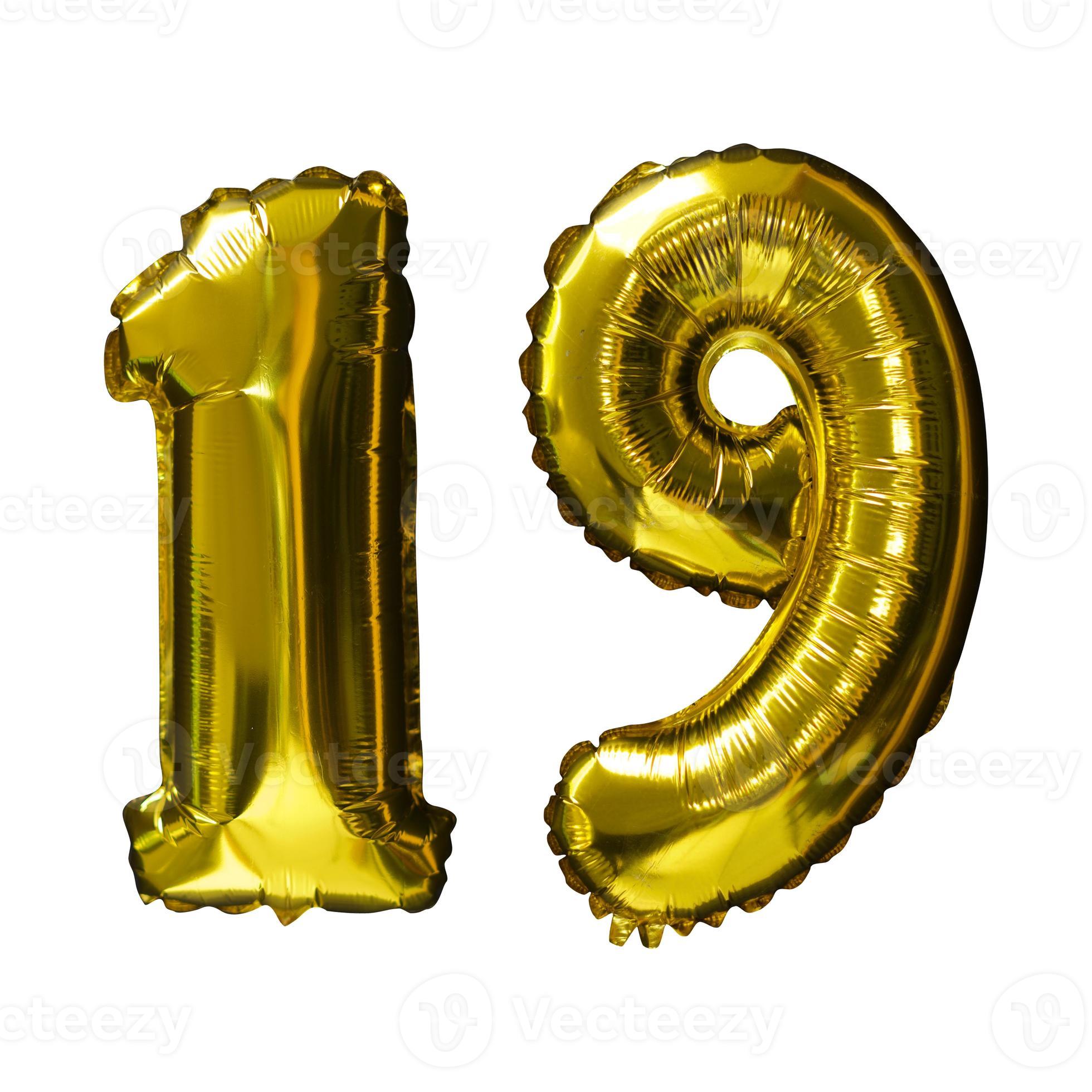 19 Golden number helium balloons isolated background. Realistic foil ...