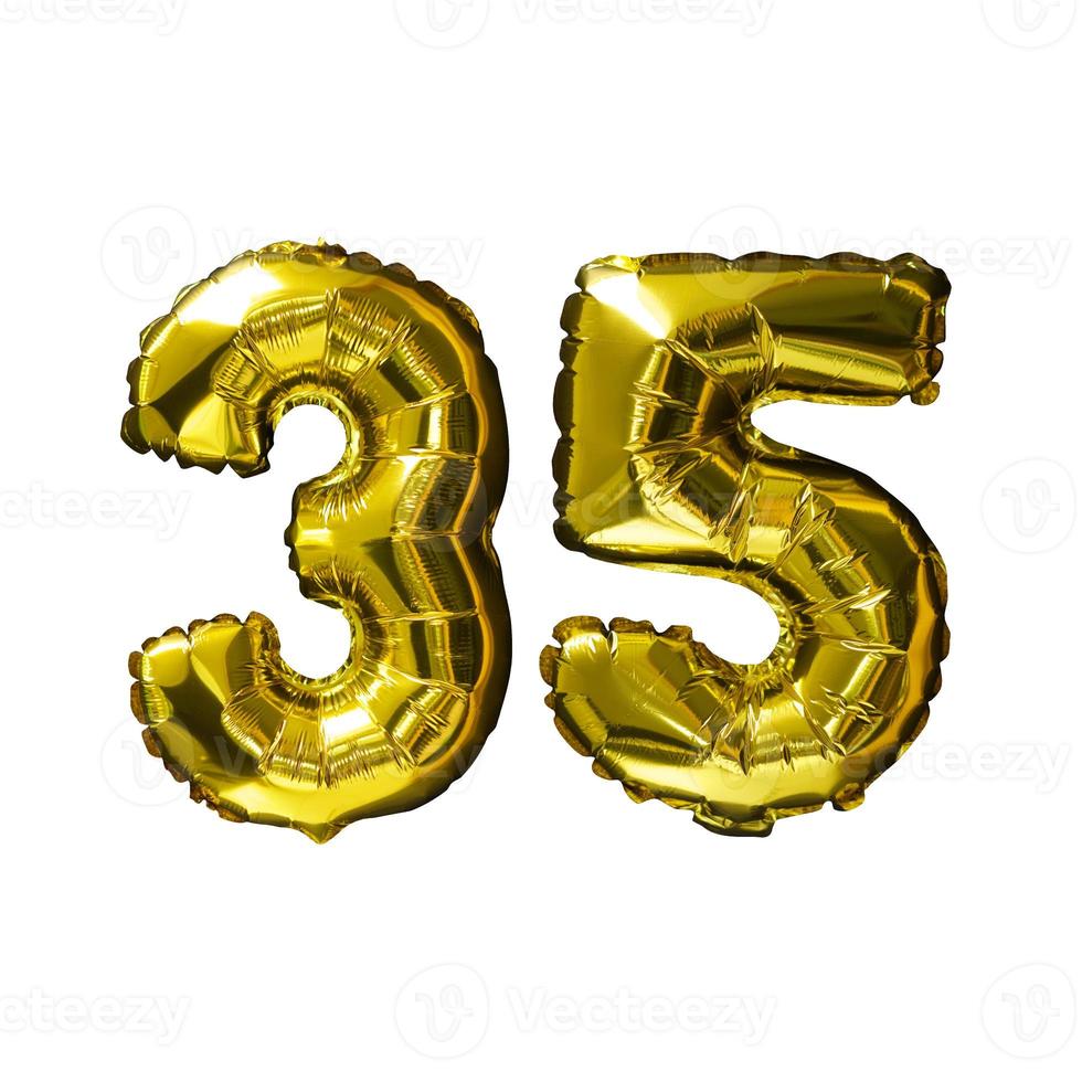 35 Golden number helium balloons isolated background. Realistic foil and latex balloons. design elements for party, event, birthday, anniversary and wedding. photo