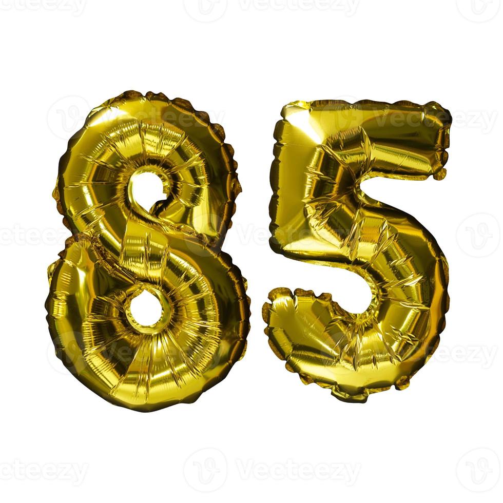 85 Golden number helium balloons isolated background. Realistic foil and latex balloons. design elements for party, event, birthday, anniversary and wedding. photo