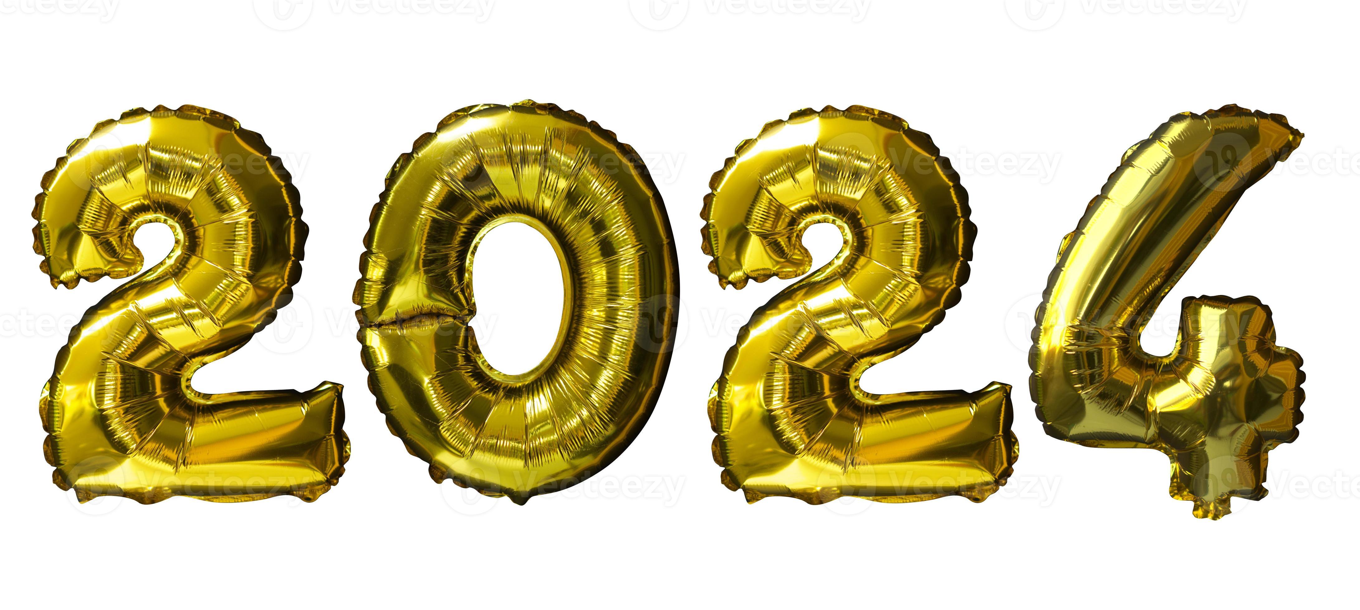 2024 Golden number helium balloons isolated background. Realistic foil