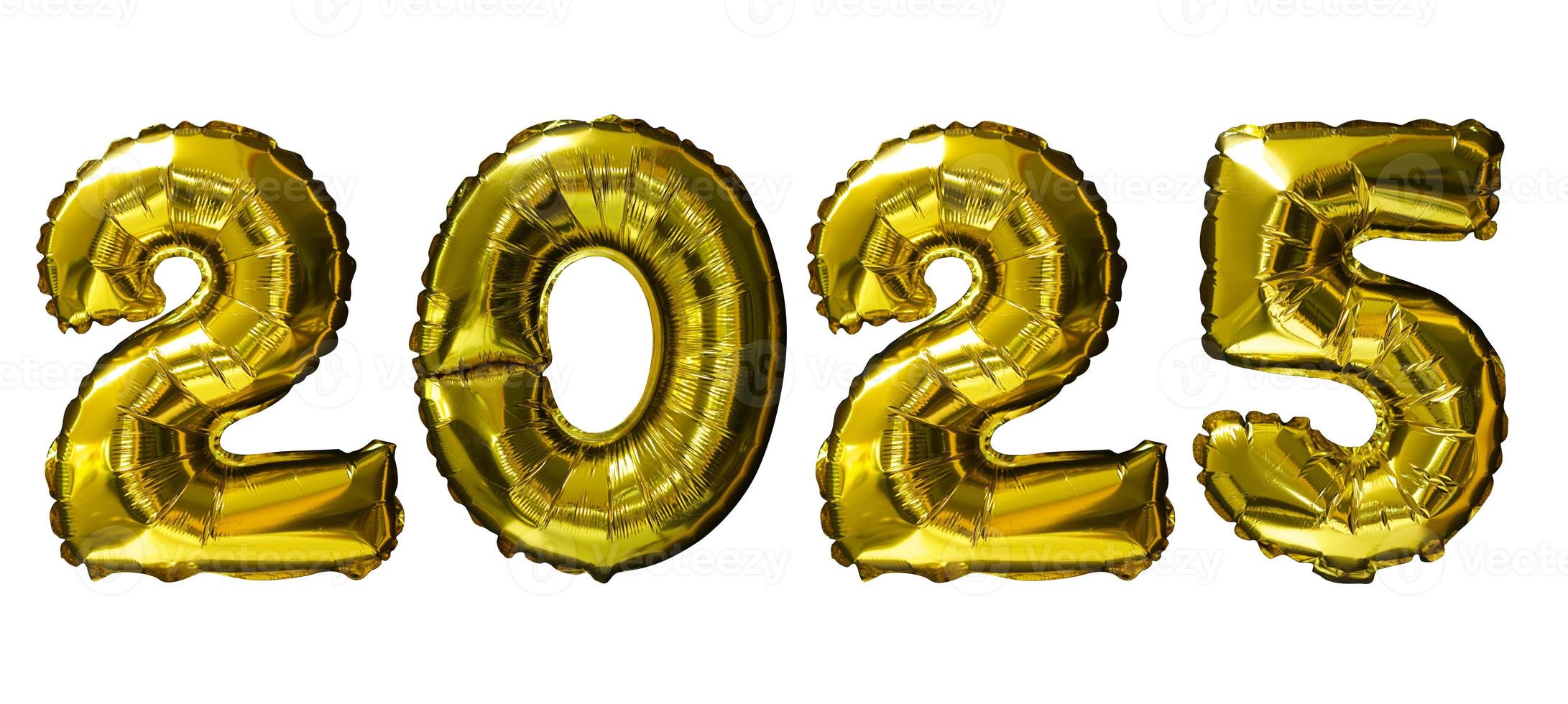 2025 Golden number helium balloons isolated background. Realistic foil