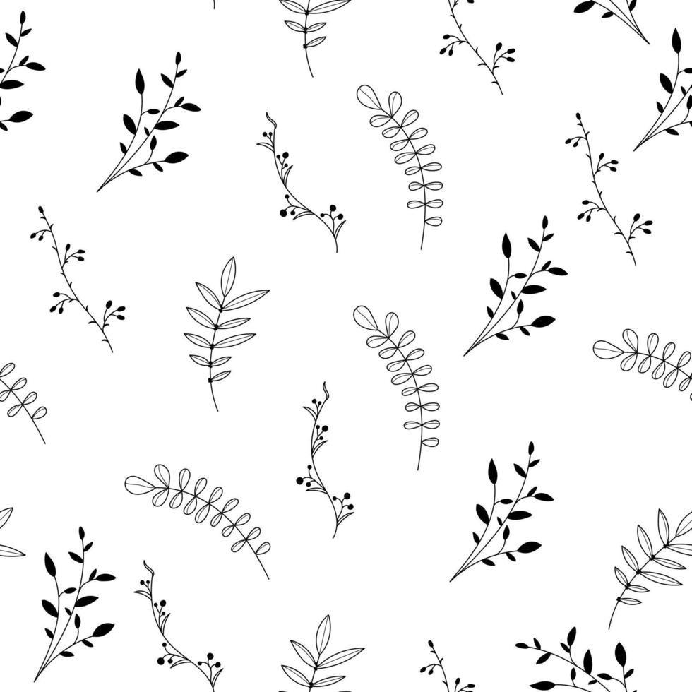 Elegant seamless pattern with plants and herbs. Leaves seamless pattern. Botanical seamless pattern. Floral background. Hand drawn vector illustration