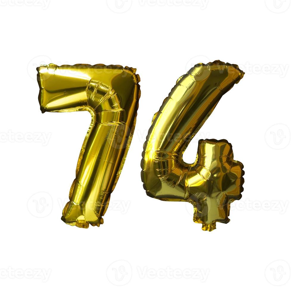 74 Golden number helium balloons isolated background. Realistic foil and latex balloons. design elements for party, event, birthday, anniversary and wedding. photo