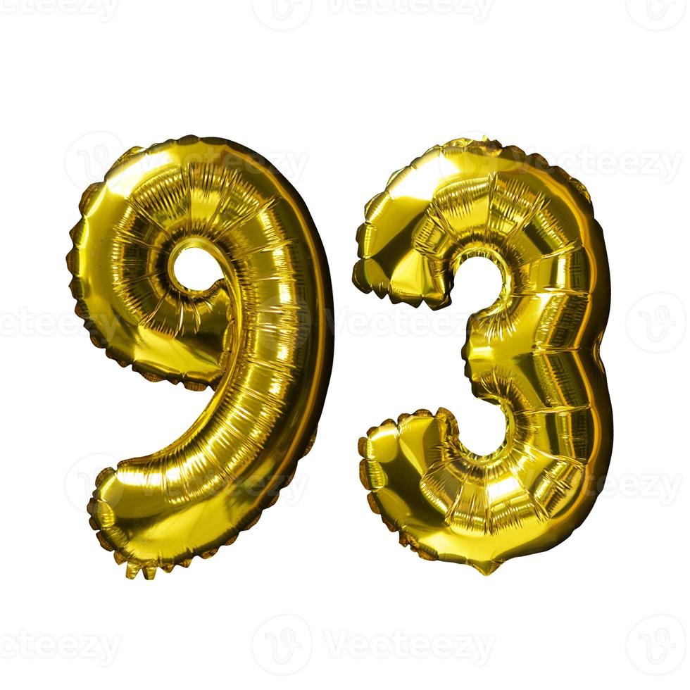 93 Golden number helium balloons isolated background. Realistic foil and latex balloons. design elements for party, event, birthday, anniversary and wedding. photo