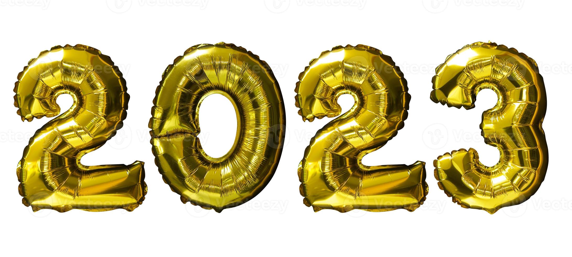 2023 Golden number helium balloons isolated background. Realistic foil and latex balloons. design elements for party, event, birthday, anniversary and wedding. photo