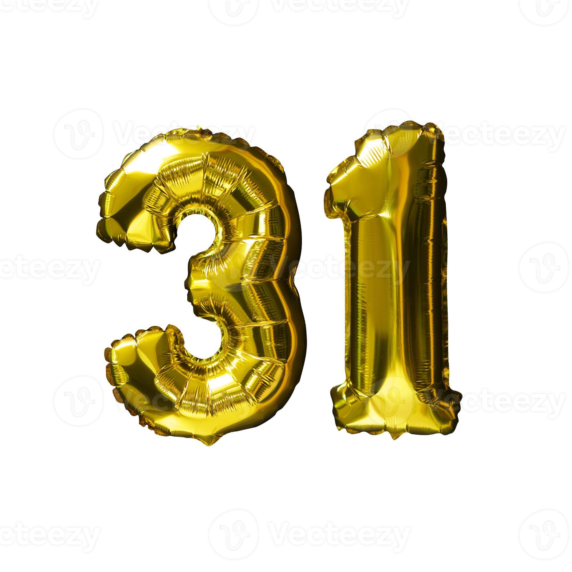 31 Golden number helium balloons isolated background. Realistic foil