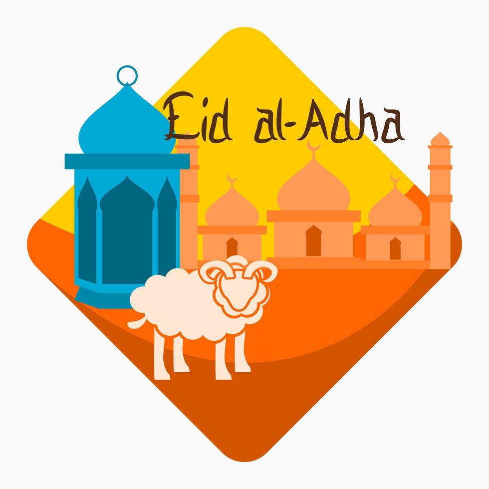 el vector editable del emblema del rectángulo contiene ovejas frente a la mezquita y la ilustración de la linterna árabe para los elementos de arte de eid al-adha o el concepto de diseño del festival sagrado islámico