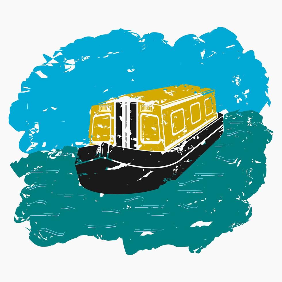 Editable Three-Quarter Top Front Side Oblique View Floating Canal Boat on Water Vector Illustration in Brush Strokes Style for Transportation or Recreation of United Kingdom or Europe Related Design