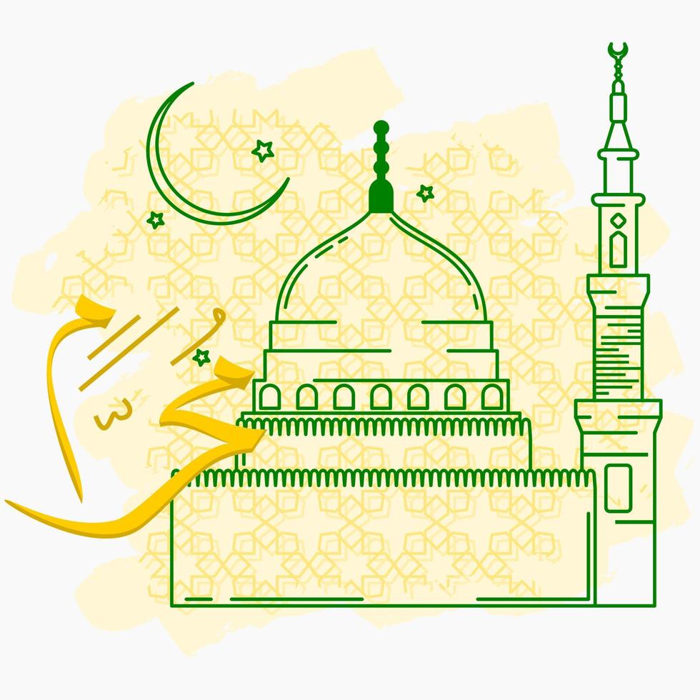 Editable Vector of Outline Style Nabawi Mosque Illustration on Patterned Brush Strokes with Arabic Calligraphy of Muharram for Hijri New Year or Islamic Holy Festival Design Concept